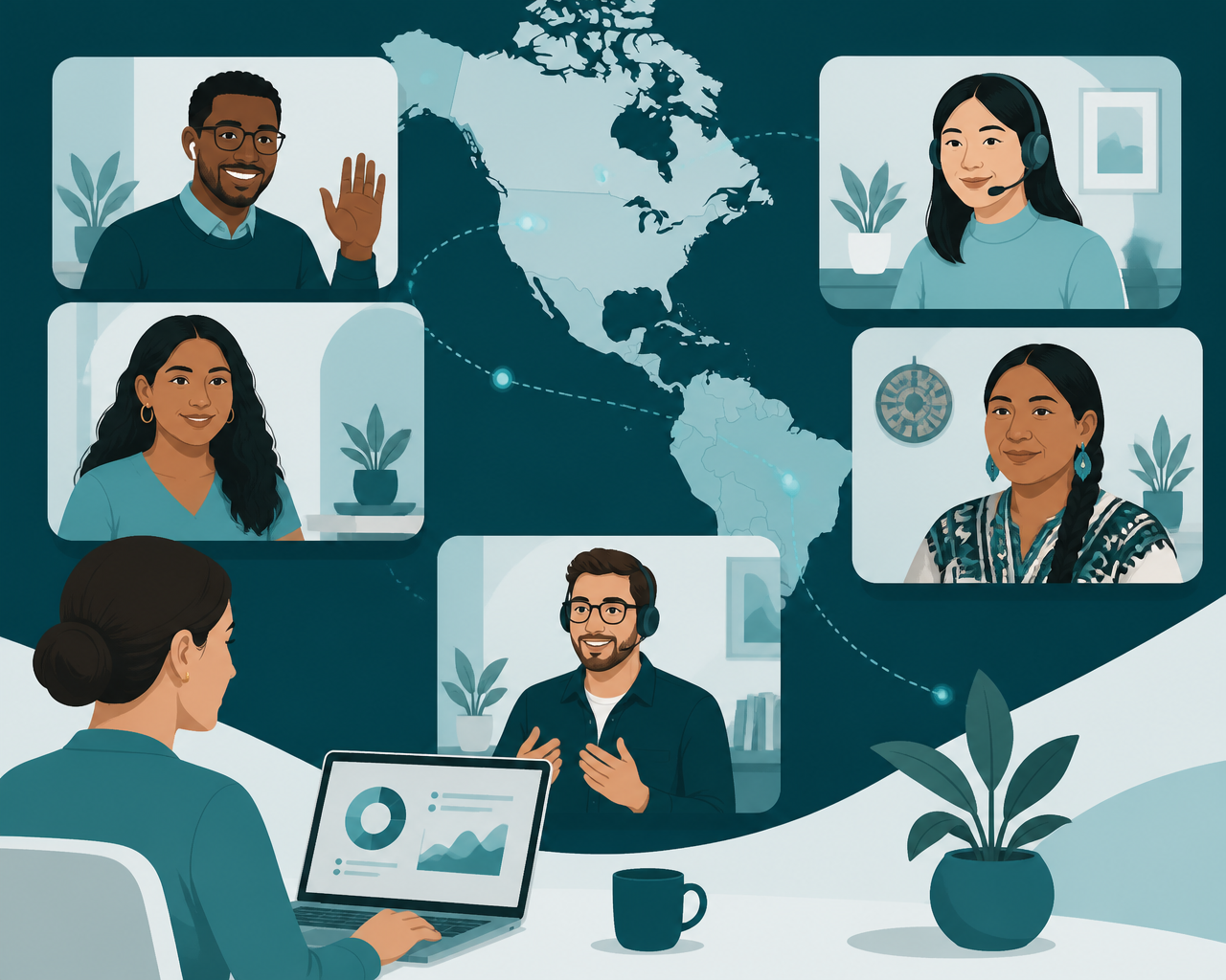 Canadian team collaborating on a video call with remote LATAM professionals
